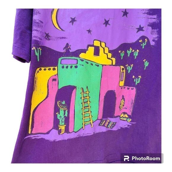Vintage 80s peddlers Top Tshirt Purple Southwest Art to Wear Cactus Adobe ONE SI - Picture 3 of 6
